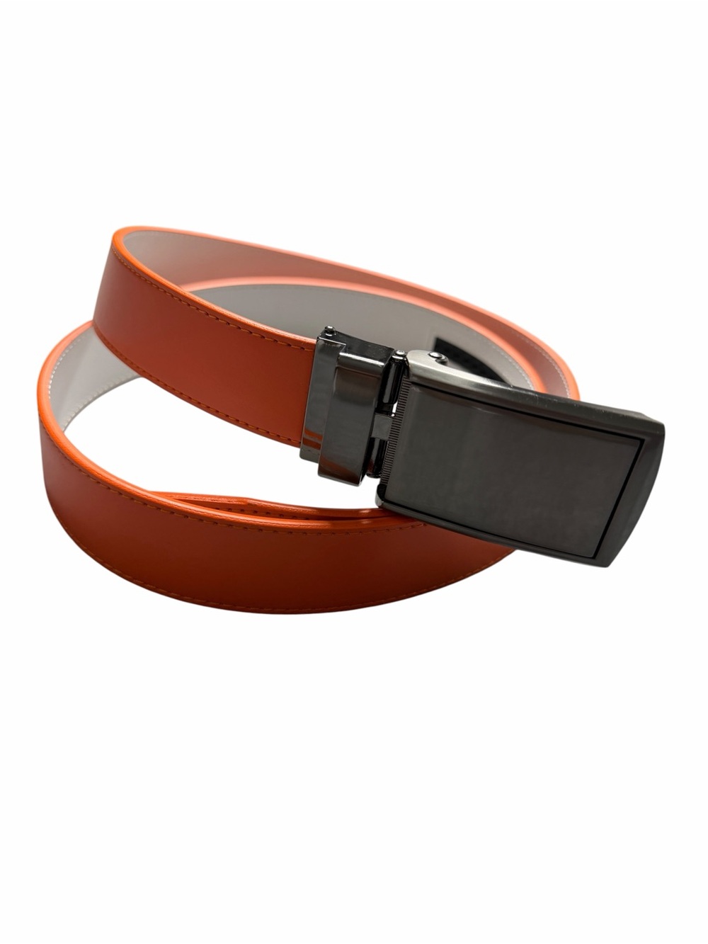 SlideBelts Mens Orange Vegan Leather Ratchet Belt Gunmetal Buckle Adjustable